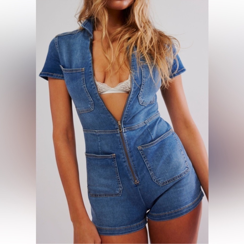 Free People CRVY Lennox Shortsuit Blue Denim Size 14 NWOT